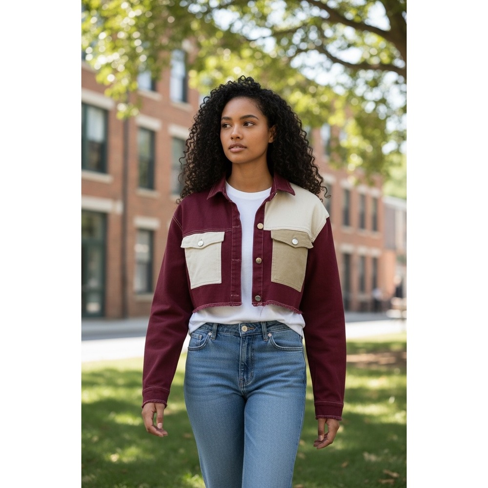 KToo‎ Colorblock Cropped Denim Jacket Maroon Cream Tan Raw Hem Size S